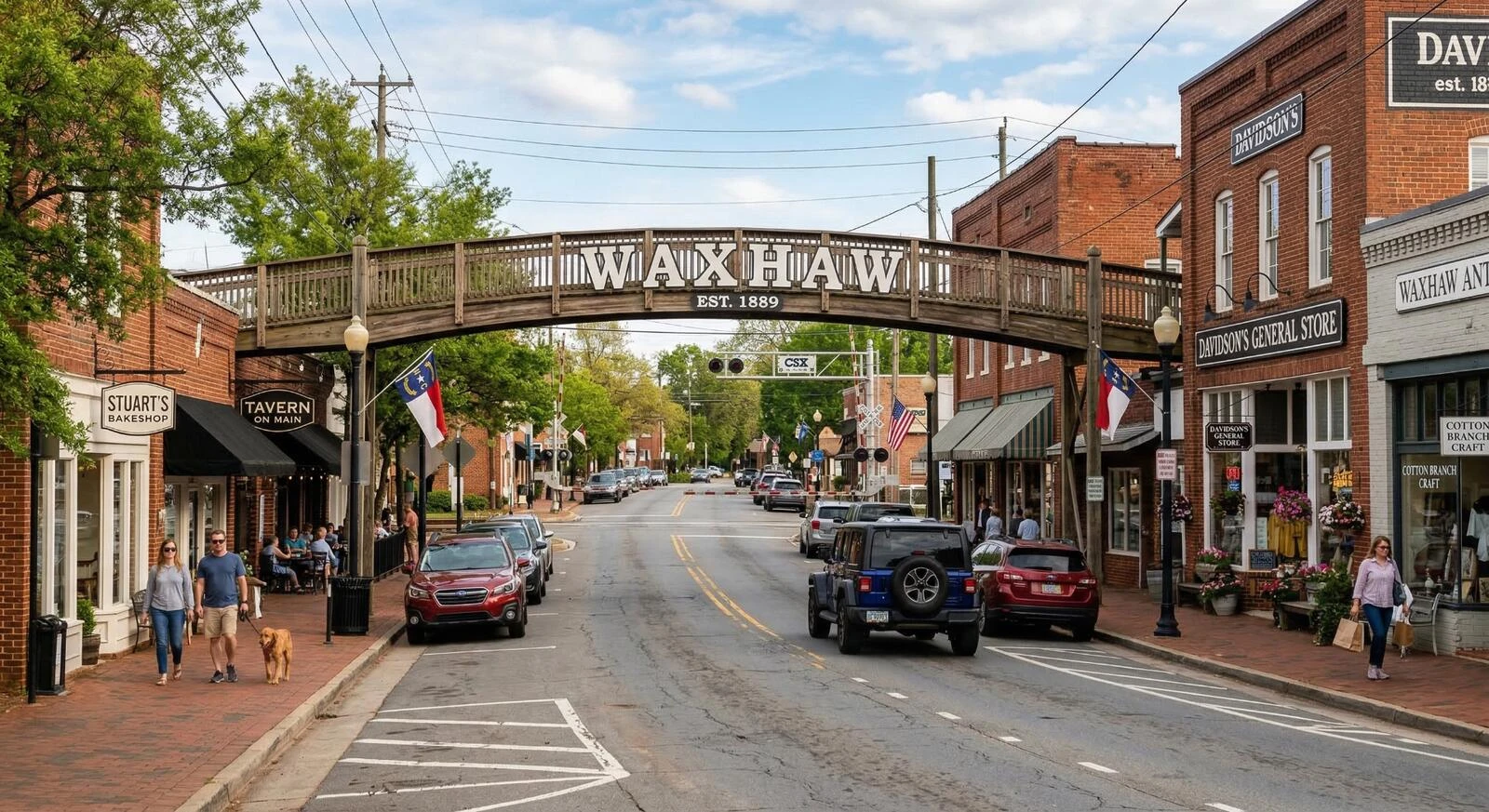 Downtown Waxhaw Main Street beneath the Waxhaw pedestrian bridge
